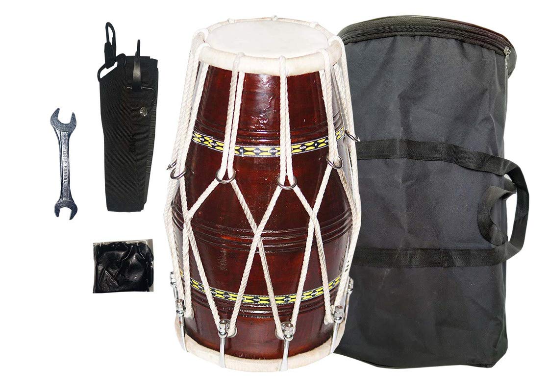 Wooden Musical Dholak Instrument Drum With Kit Carry Bag | Dholak For Festival, Wedding, Satsang - Very Easy To Tune, Suitable For Intermediate To Professional Level Players