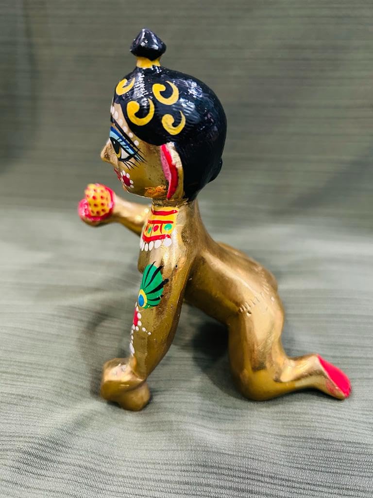 Fine Brass Made Full Painted Laddu Gopal Statue, Brass, Multi, Bal Gopal Idol, Hand Painted Murti, For Home Temple, Lord Krishna Baby Krishna Murti, Thakur Ji