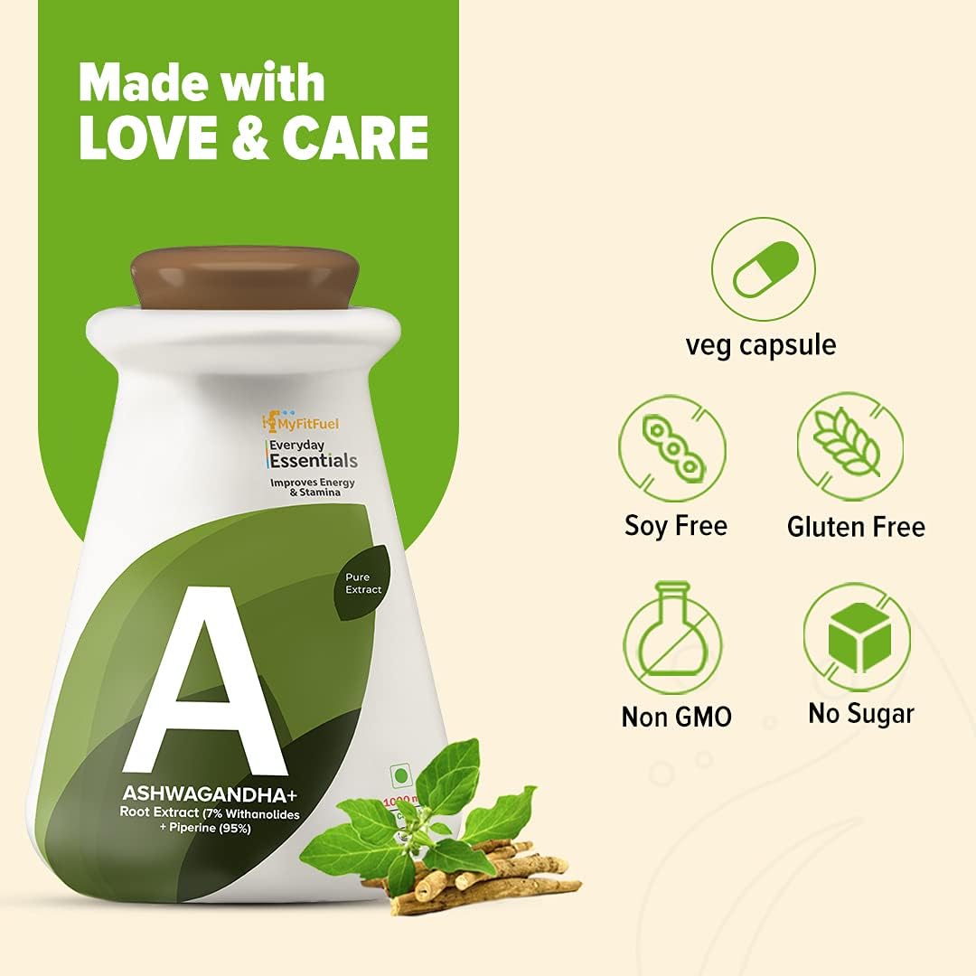 Myfitfuel Ashwagandha Root Extract 7% Withanolides With Piperine 95%, 1000mg, Improves Energy Levels & Stamina | 180 Capsules 300gm 0.66lbs