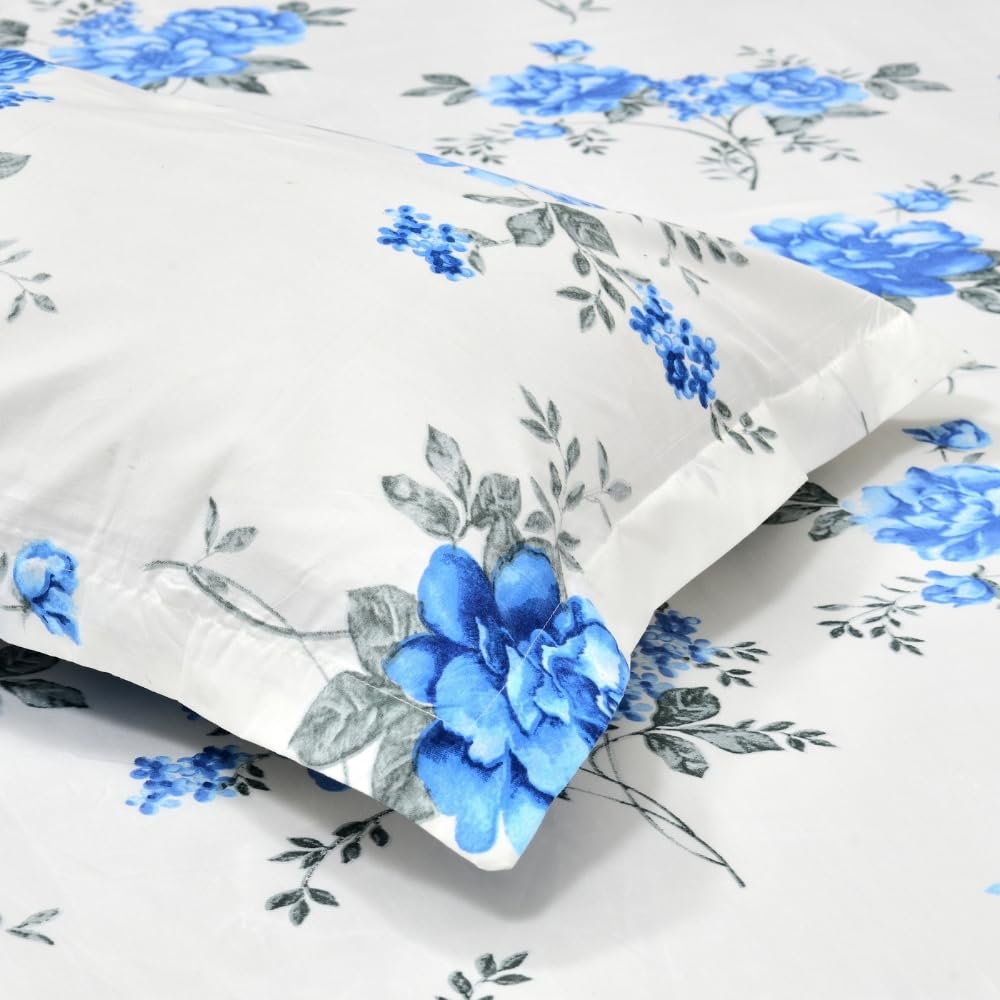 Flat Bedsheet Queen Size Bed With 2 Pillow Covers - 100 X 90 Inches, White & Blue | Soft, Breathable & Durable | Skin-Friendly & Durable