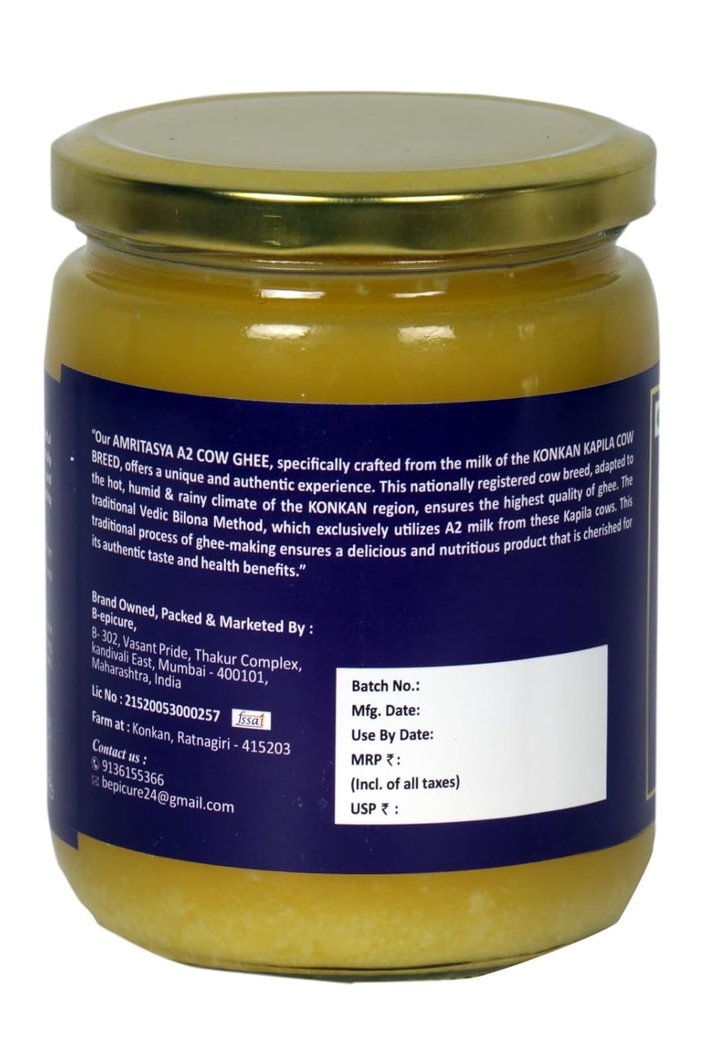 Organic Pure Amritasya A2 Cow Ghee By B-Epicure | Traditional Bilona Method Pure & Natural Curd- Churned Desi Ghee Good For Health | 1 Litre (500ml * 2) 33.8 Ounce | Jar Pack