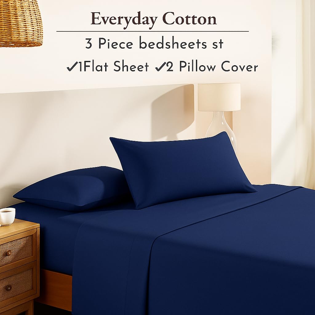 King Size Flat Sheet With 2 Pillow Covers - 108 X 108 Inches, Navy Blue | Soft, Breathable & Skin-Friendly Bedding For Daily Use | Machine Washable & Long-Lasting