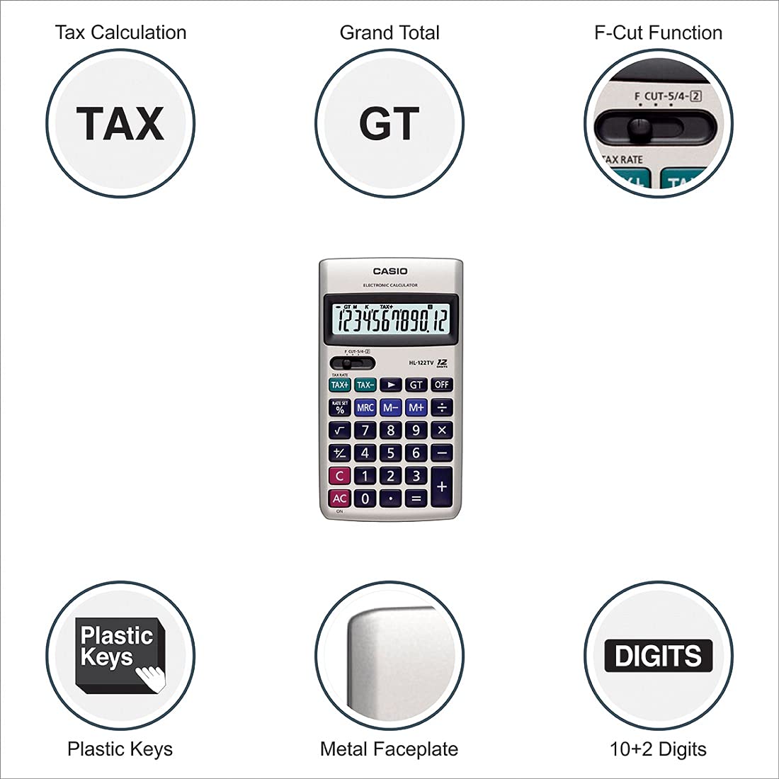 Casio MJ-120GST GST Calculator (Black) & Casio HL-122TV Portable Calculator With Metal Faceplate & GT Key, 12 Digit