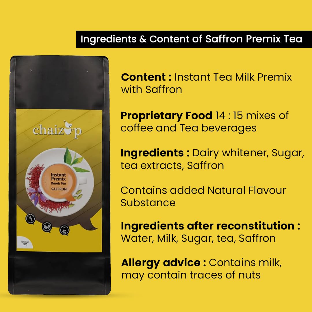 Chaizup Premium 1 Min Instant Saffron Tea Premix - 1 Kg Poly, 35.2 Ounce | Instant Kesar Chai Powder - Just Add Hot Water | Low Caffeine