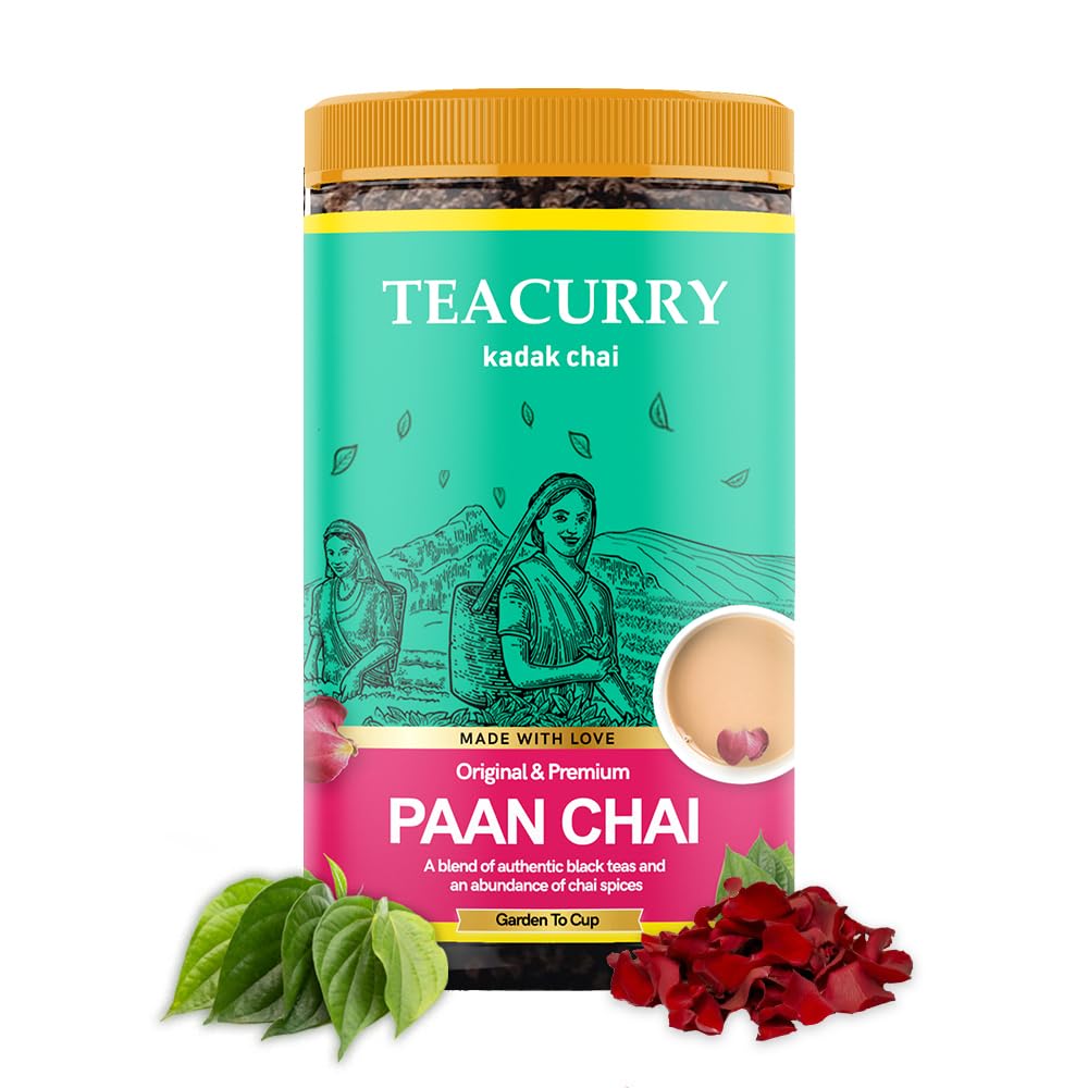 Teacurry Original & Premium Kadak Paan Chai - 100gm, 3.5 Ounce, 50 Cups | 100% Natural Flavored Tea With Real Fennel, Rose, Betel Leaves, Cardamom - Low Caffeine