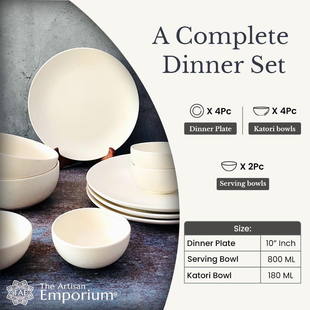 Subhra Handcrafted Ceramic Dinner Set - 10 Pieces | 4 Dinner Plates + 4 Katori Bowls, 180ml Each+ 2 Serving Bowls, 800ml Each | Matte Finish White Dinnerware Set | Serving For 4, Microwave Safe