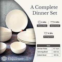 Subhra Handcrafted Ceramic Dinner Set - 10 Pieces | 4 Dinner Plates + 4 Katori Bowls, 180ml Each+ 2 Serving Bowls, 800ml Each | Matte Finish White Dinnerware Set | Serving For 4, Microwave Safe