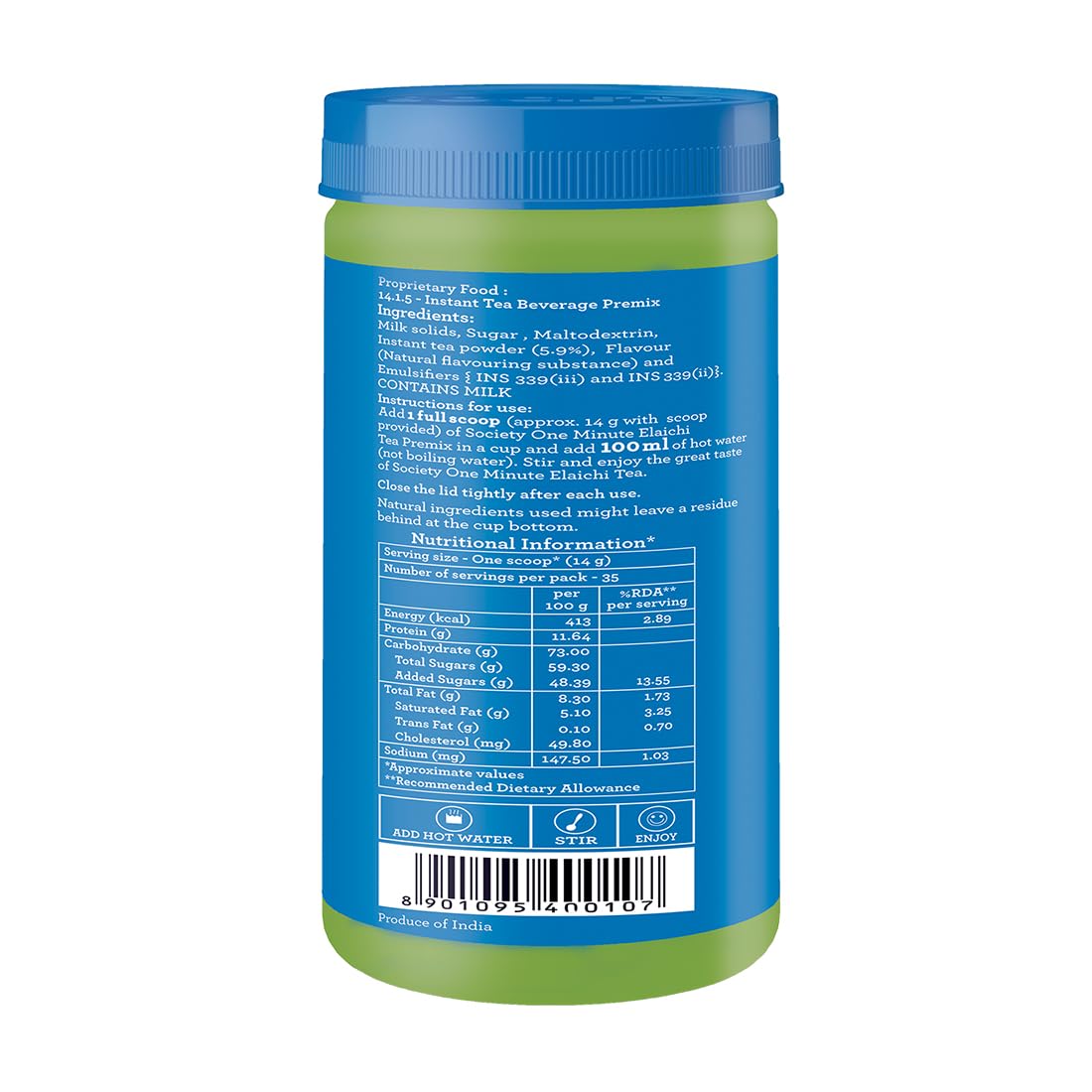 Society One Minute Tea Elaichi Flavor Instant Tea Premix - 500gm Jar, 17.6 Ounce | Made With Cardamom - Low Caffeine Chai Patti | Homemade Recipe Flavored Instant Tea