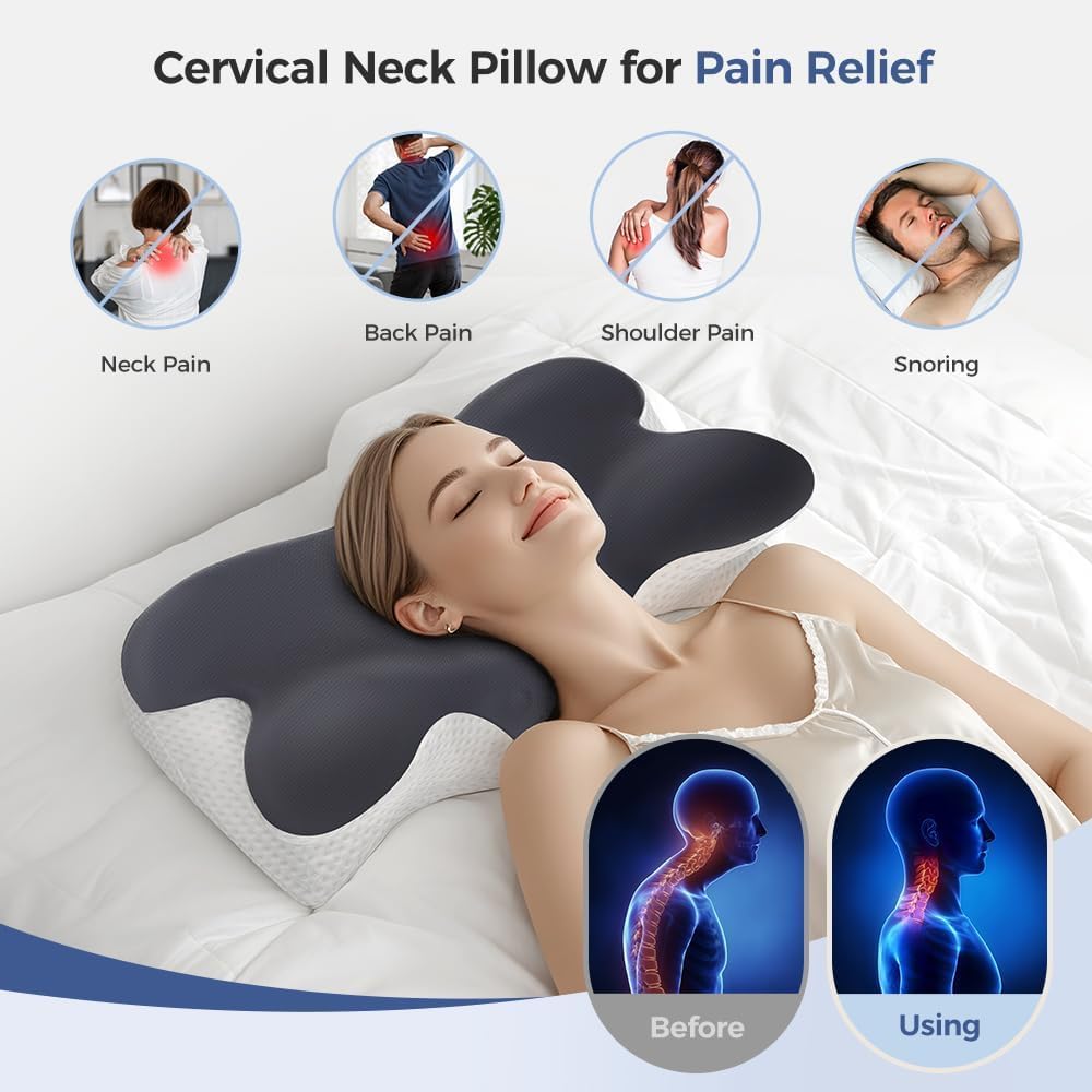Orthopedic Cervical Pillow For Neck & Shoulder Pain Relief, White & Black | Ergonomic Memory Foam Pillows For Sleeping | Ideal For Spinal Alignment Spondylitis & Contour Pillow - Design 7