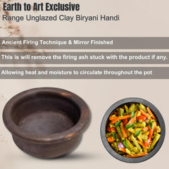 Black Clay Pot For Cooking & Serving With Lid - Unglazed Clay Mud Handi Mitti Ke Bartan With Mirror Shine, 1.5 Liters