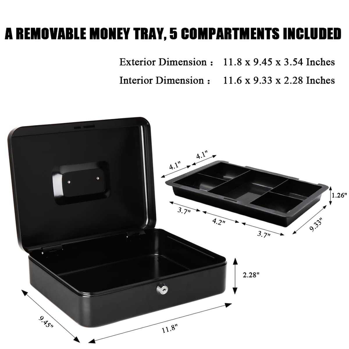 Locking Xtra Large Metal Cash Box With Money Tray, Lock Box, Colour - Black, Material - Metal, Special Feature - Portable