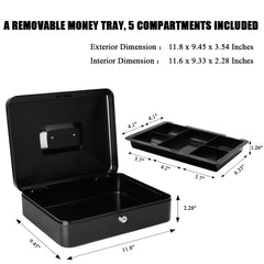 Locking Xtra Large Metal Cash Box With Money Tray, Lock Box, Colour - Black, Material - Metal, Special Feature - Portable