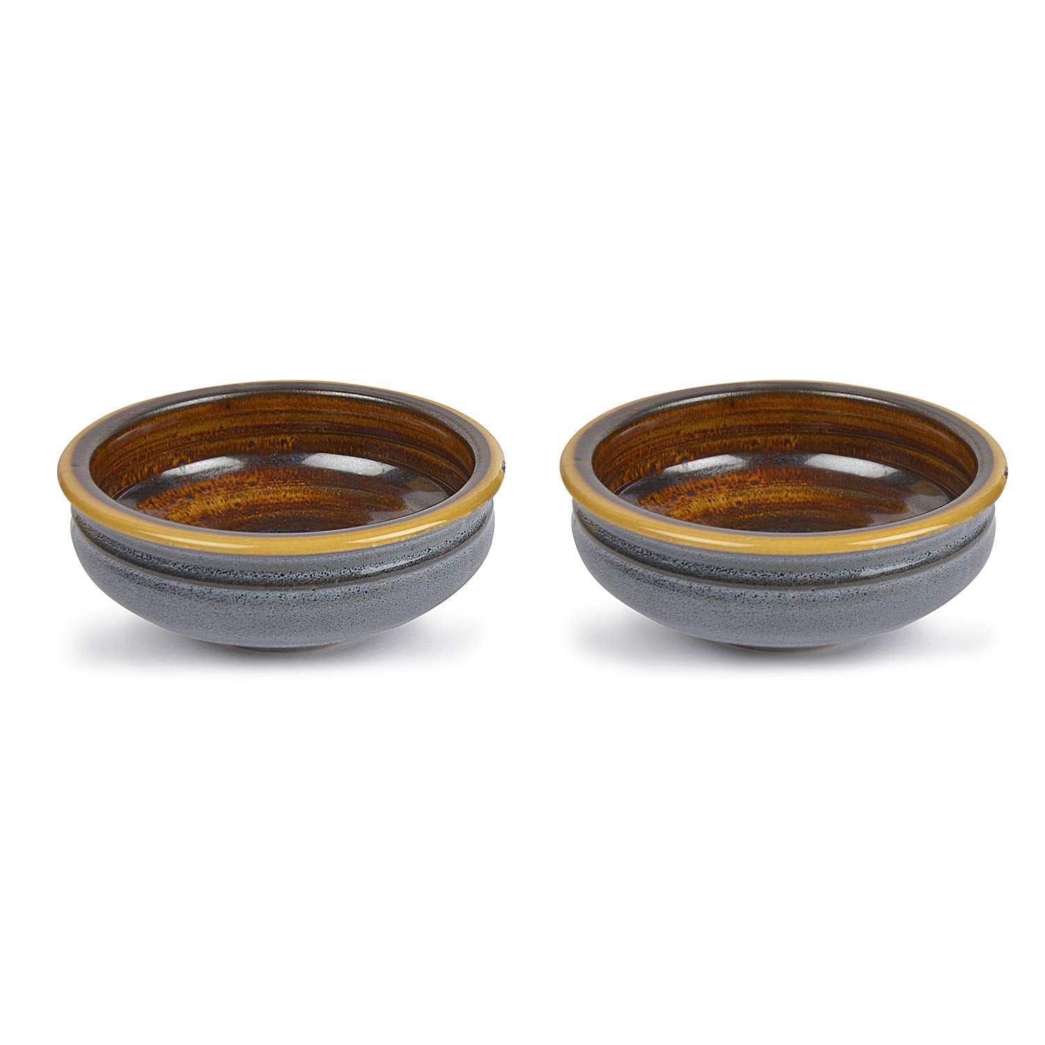 Studio Pottery Ceramic Snack Serving Bowls Set Of 2 - 400ml Each, Greyish Blue & Brown | Decorative Bowls For Kitchen