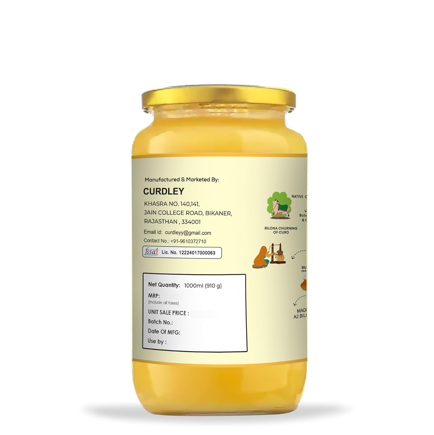 100% Natural A2 Desi Cow Ghee With Wooden Spoon By Curdley | Great Source Of Energy Healthy & Nutrients Cow Ghee Good For Skincare | (1 Litre) 33.8 Ounce | Jar Pack