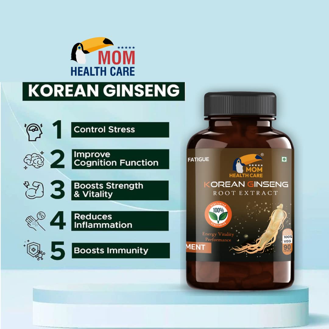 Mom Health Care Korean Ginseng For Men, Supports Brain Function, Help For Boosts Immunity, Relieves Stress For Muscles Pure & Organic | 90 Capsule 100gm 0.2lbs
