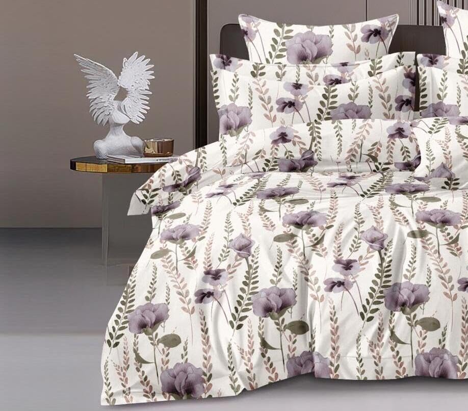 Printed Super King Size Double Bedsheet With Two Pillow Covers - 108 X 108 Inches, Cream & Purple | Smooth To Touch, Breathable & Long Lasting - Ideal For Everyday Comfort