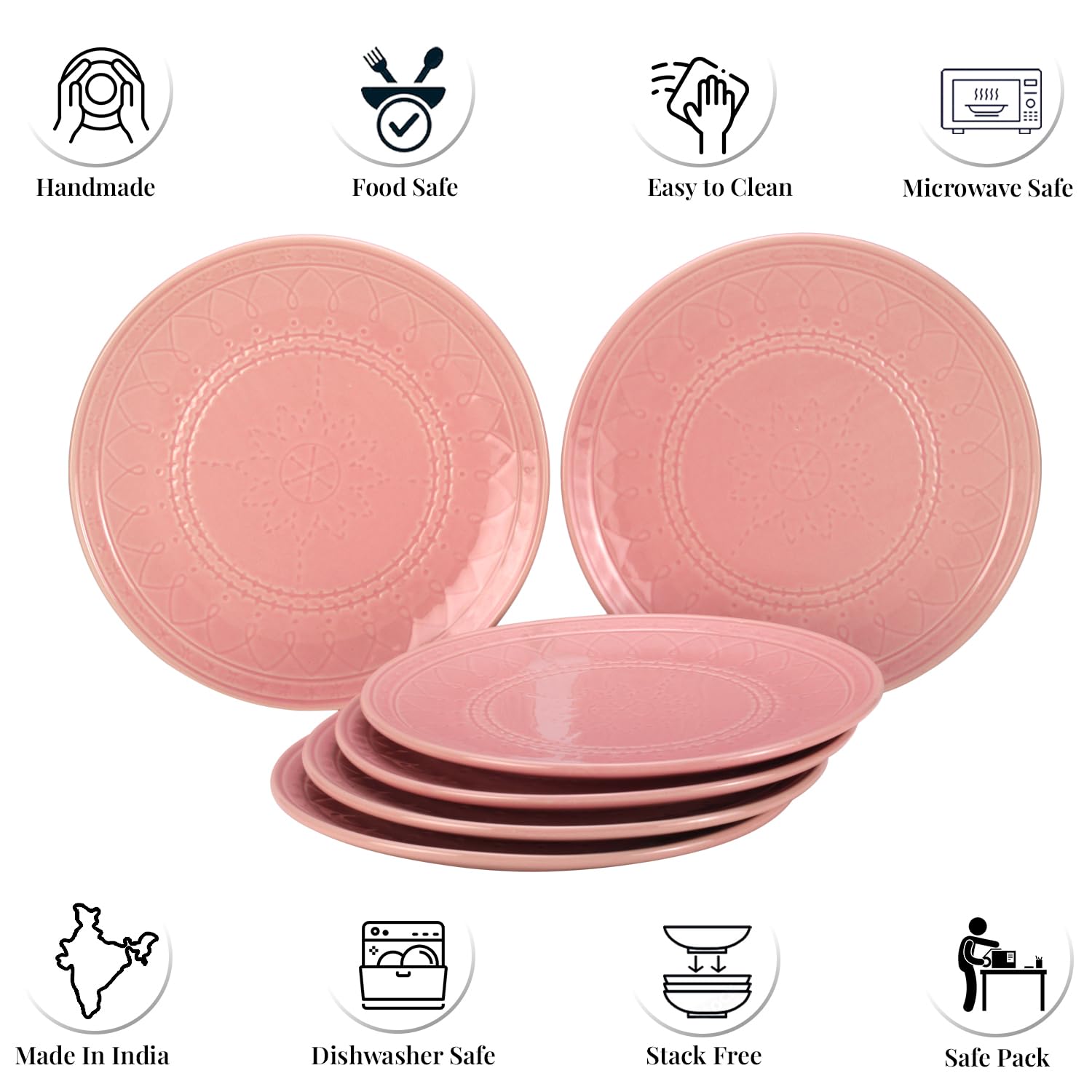 Ceramic Hand Glazed Large Embossed Dinner Plates Set Of 6 - 10.6 Inch, Light Pink | Handcrafted Stoneware - Microwave Safe & Dishwasher Safe