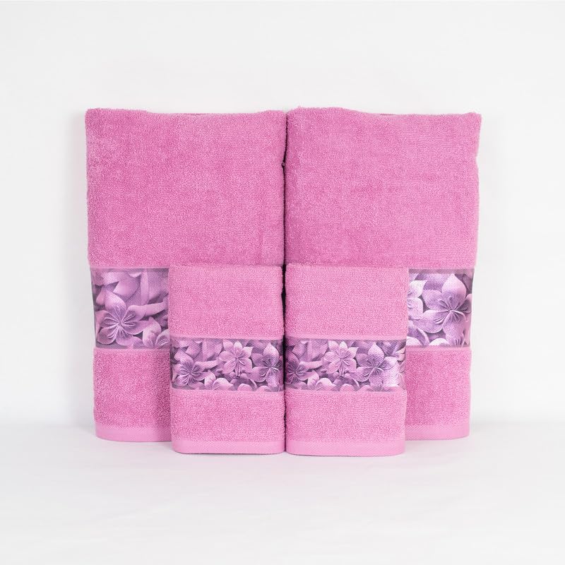 Rangoli 100% Cotton Fibre 2 Hand & 2 Bath Towels 1400 Gsm | Highly Durable & Absorbent With Printed Border | Quick Drying Towels (Pink) - Pack Of 4