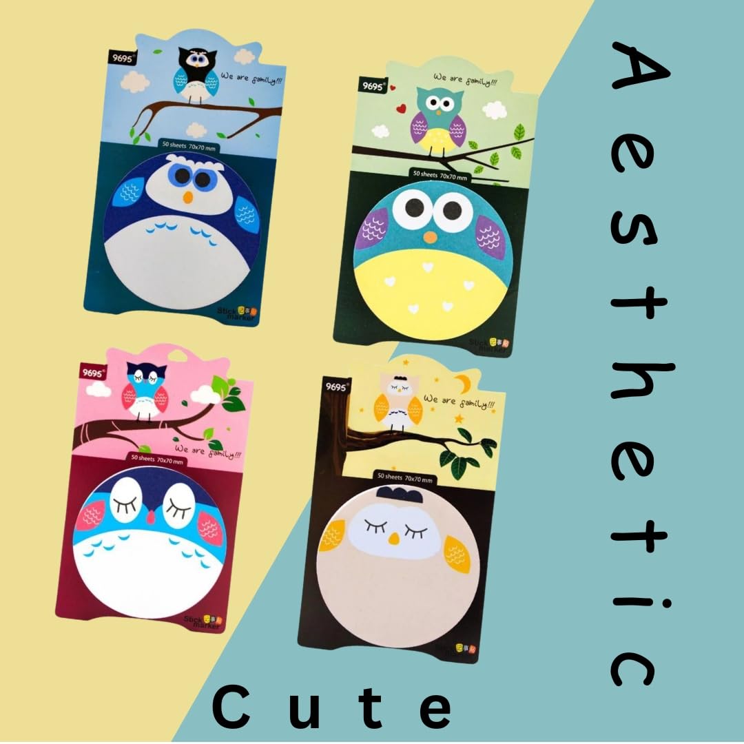 300 Sheets Owl Round Shape Sticky Notes Set - Office Stationery Memo Pad Study Material | Set Of 4