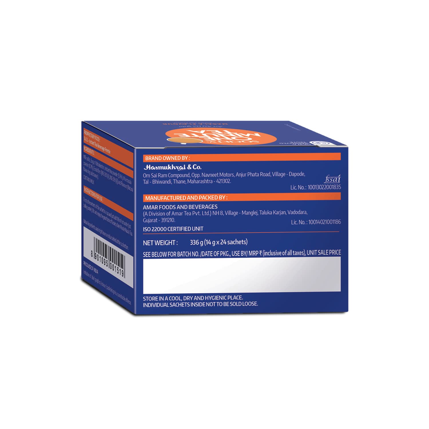 Society One Minute Tea Masala Instant Tea Premix 14gm X 24 Sachets - 336gm, 11.8 Ounce | Made With Ginger, Clove, Black Pepper, Cinnamon - Low Caffeine Chai Patti | Flavored Instant Masala Chai