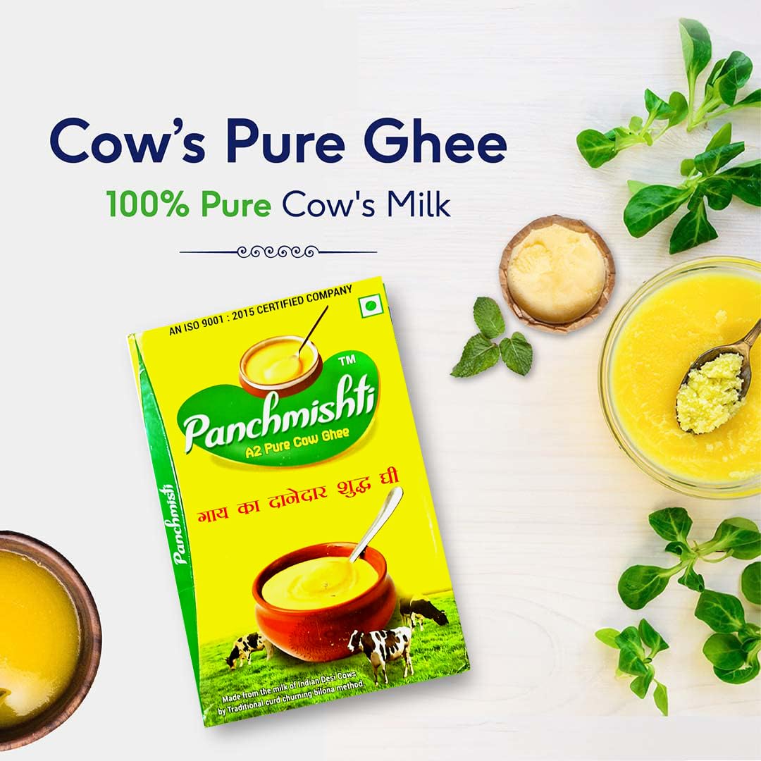 Premium A2 Pure Ghee By Panchmishti | Good Source Of Vitamin A & Healthy Desi Danedar Cow Ghee Perfect For Parathe | 2 Litre (1 Litr * 2) 67.6 Ounce | Box Pack