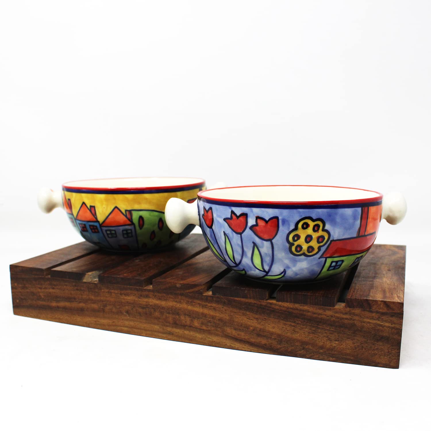 Exotic Panorama Ceramic Snack Bowls With Handles - 2 Pieces, 300ml Each, Multicolor | Hand Painted Handled Soup Bowls - Ceramic Snacks Serving Bowls Set | Microwave Safe & Dishwasher Safe