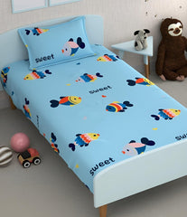 Cartoon Printed Single Bedsheet With One Pillow Cover - 60 X 90 Inches, Aqua | 300 Thread Count - Wrinkle Free Soft Perfect For Everyday Use
