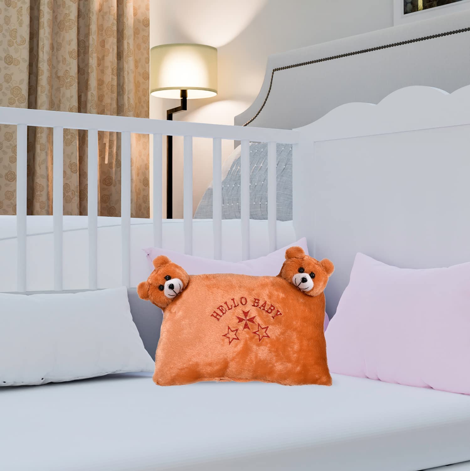 Hello Teddy Design Kid's Pillow, Velvet Super Soft Kids Pillow, Orange - 12 X 18 Inch | Soft Kids Pillow For Sleeping & Travel, Suitable For All Sleepers, Comfortable - Pack Of 2