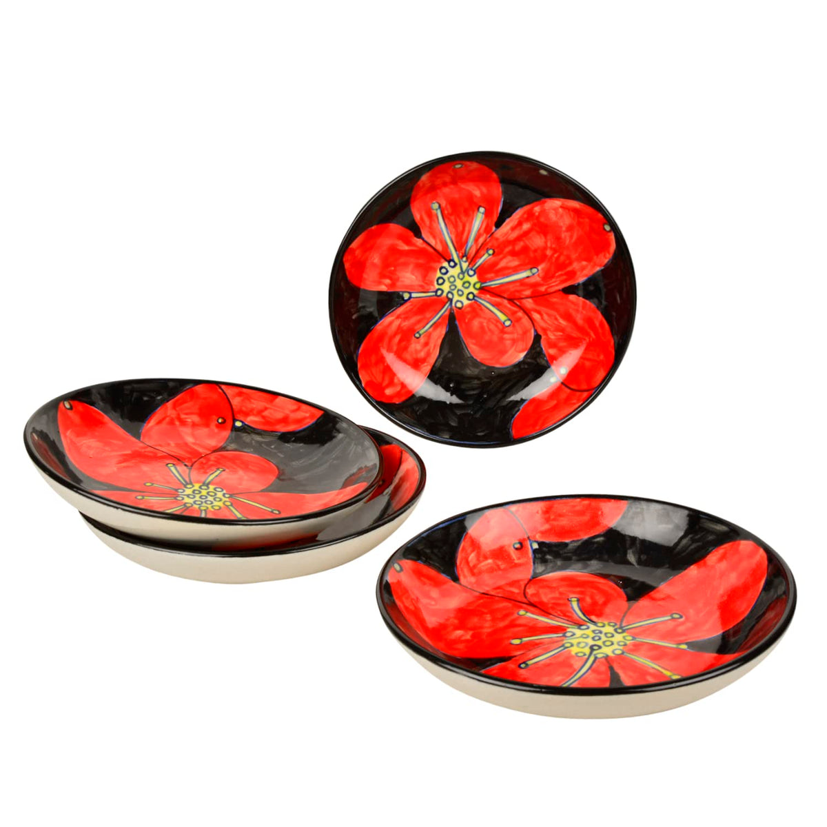 Hand Painted Ceramic Floral Round Pasta Serving Plates Set Of 4 - 8.5 Inches, Red & Black | Soup Plates - Ceramic Maggi Plates