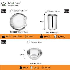 Stainless Steel Delight Dinner Set Of 30 Pieces, Silver | 6 Dinner Plates+ 6 Glasses+ 6 Bowls+ 6 Dessert Spoons+ 6 Tea Spoons
