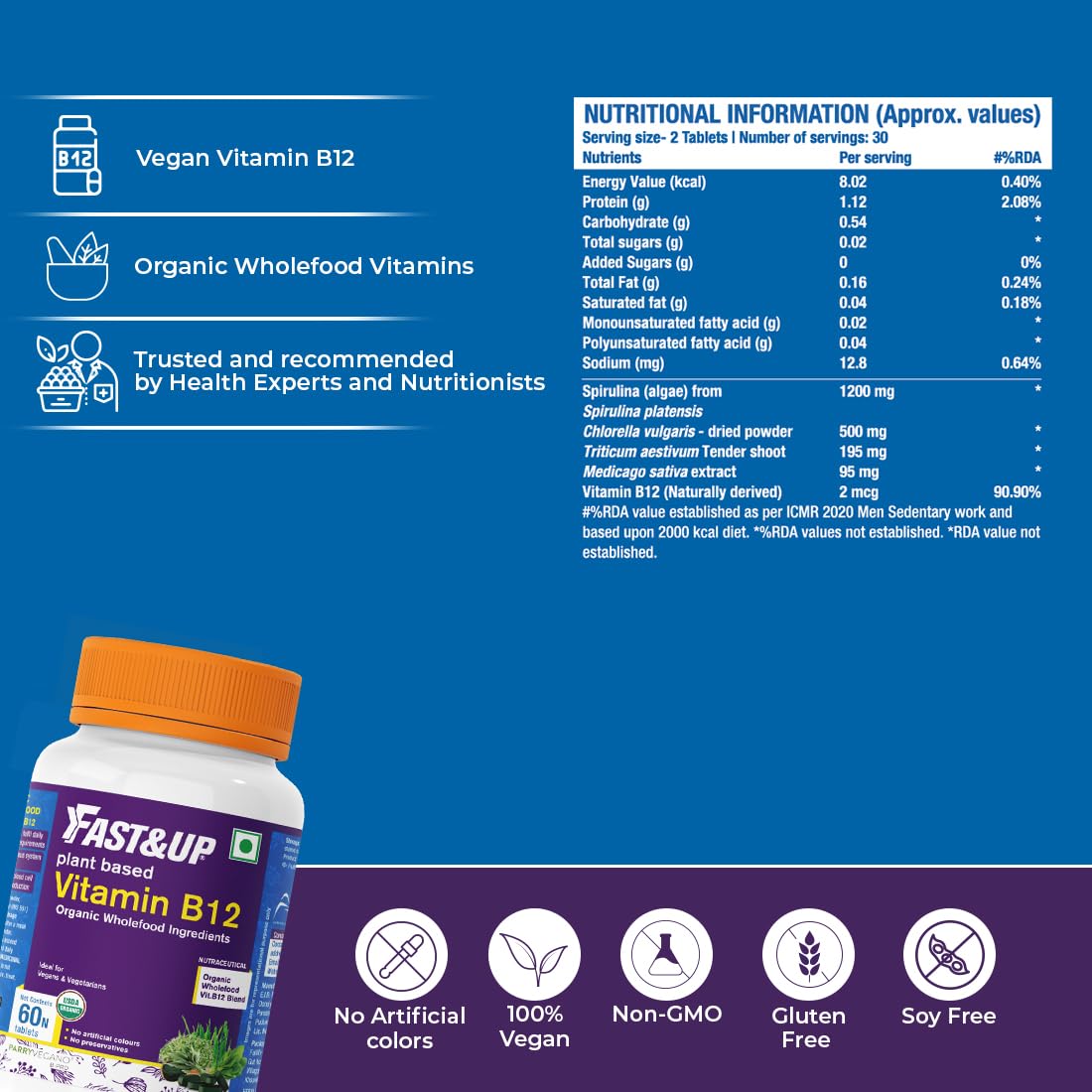 Fast&up Plant Based B12 , With Natural Methylcobalamin, Usda Organic Certified, 100% Natural, Preservative Free, Contributes To Daily Rda Of Vitamin B12 | 60 Tablets , 100gm 0.2lbs
