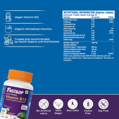 Fast&up Plant Based B12 , With Natural Methylcobalamin, Usda Organic Certified, 100% Natural, Preservative Free, Contributes To Daily Rda Of Vitamin B12 | 60 Tablets , 100gm 0.2lbs