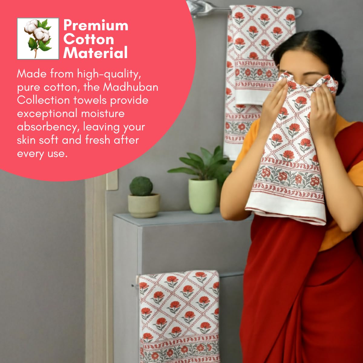 Mafatlal Madhuban Premium Waffle Cotton 1 Bath & 2 Hand Towel 700 Gsm | Hand Printed Floral Design Lightweight, Quick Dry Towel (Koi) - 3 Pcs