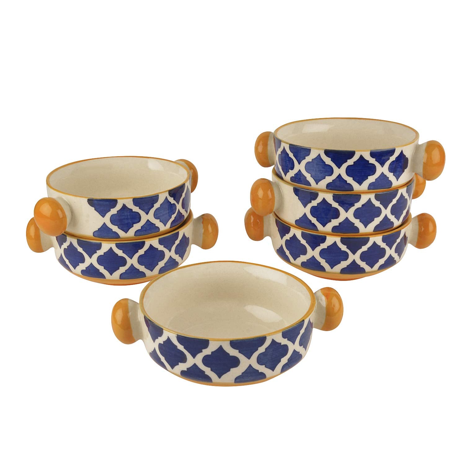 Ceramic Hand Painted Mughal Design Soup Bowls With Handle Set Of 6 - 300ml Each, Blue & Yellow | Ceramic Maggi Bowls - Cereal Bowls