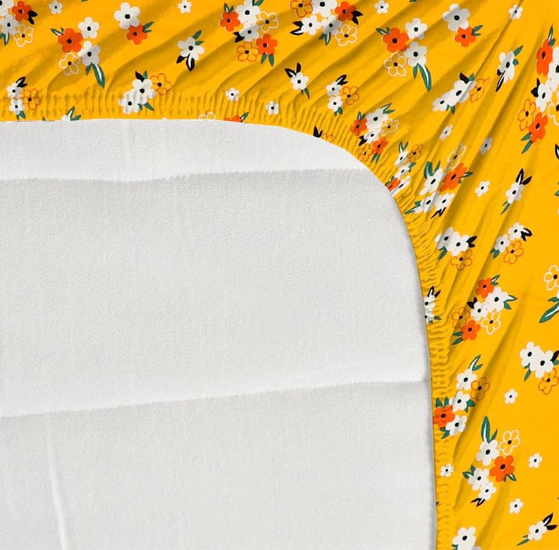 Premium Cotton Elastic Fitted Bedsheets With 2 King Size Pillow Covers - 72 X 78 + 10 Inches, Yellow & Red | Super Soft Brushed Glace | Breathable & Wrinkle Free