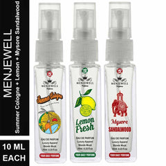 Menjewell Summer Cologne + Lemon Fresh + Mysore Sandalwood Eau De Parfum 10ml 0.3 Fl.oz. Each Pack Of 3 | Men Fragrance | Pocket Perfume Combo