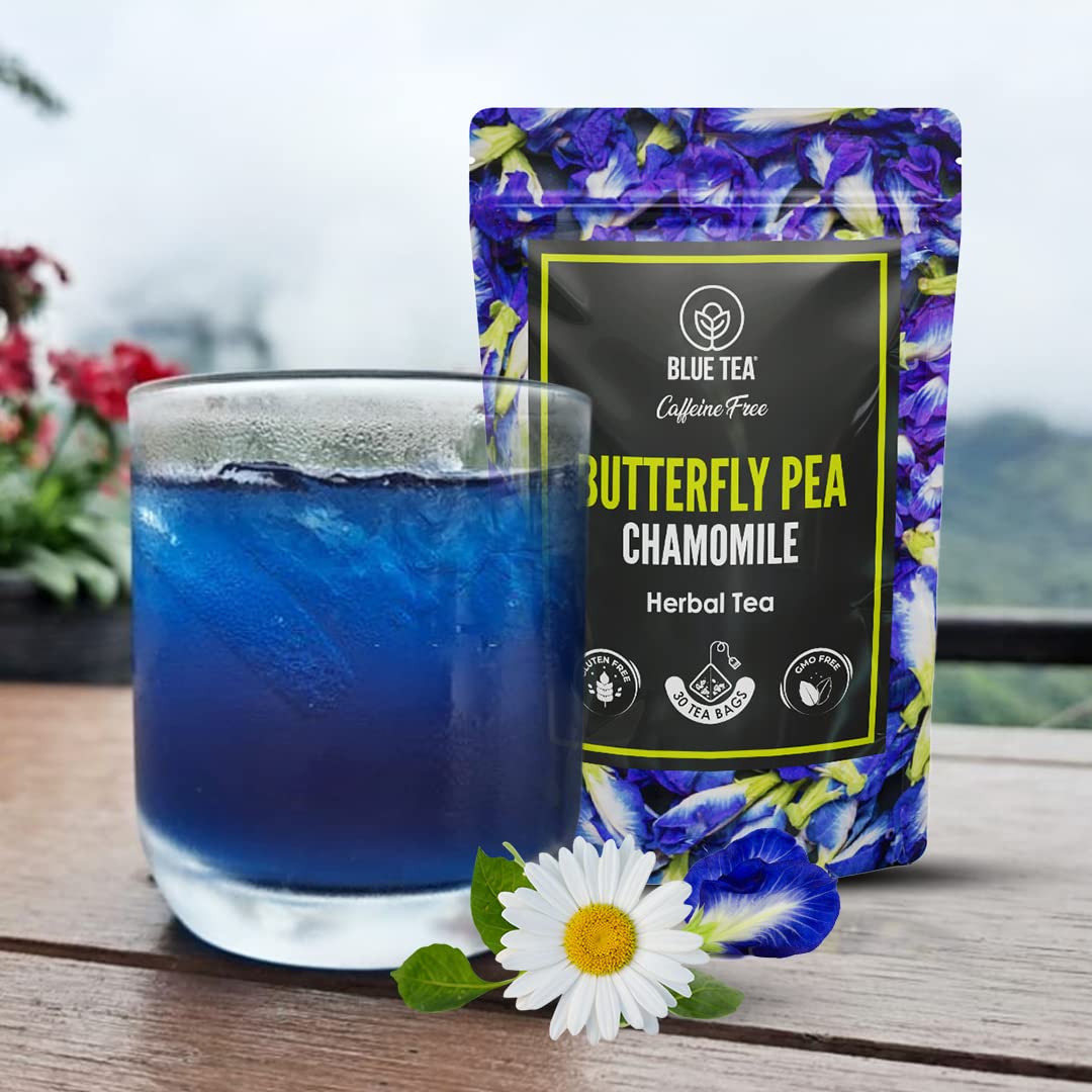 Blue Tea Butterfly Pea Flower Chamomile Herbal Tea - 30 Pyramid Tea Bags | Sun Dried Flower Antioxidant Tea - Caffeine Free, Detox Tea | No Added Colors, Aparajita - Shankhpushpi, Zipper Pack
