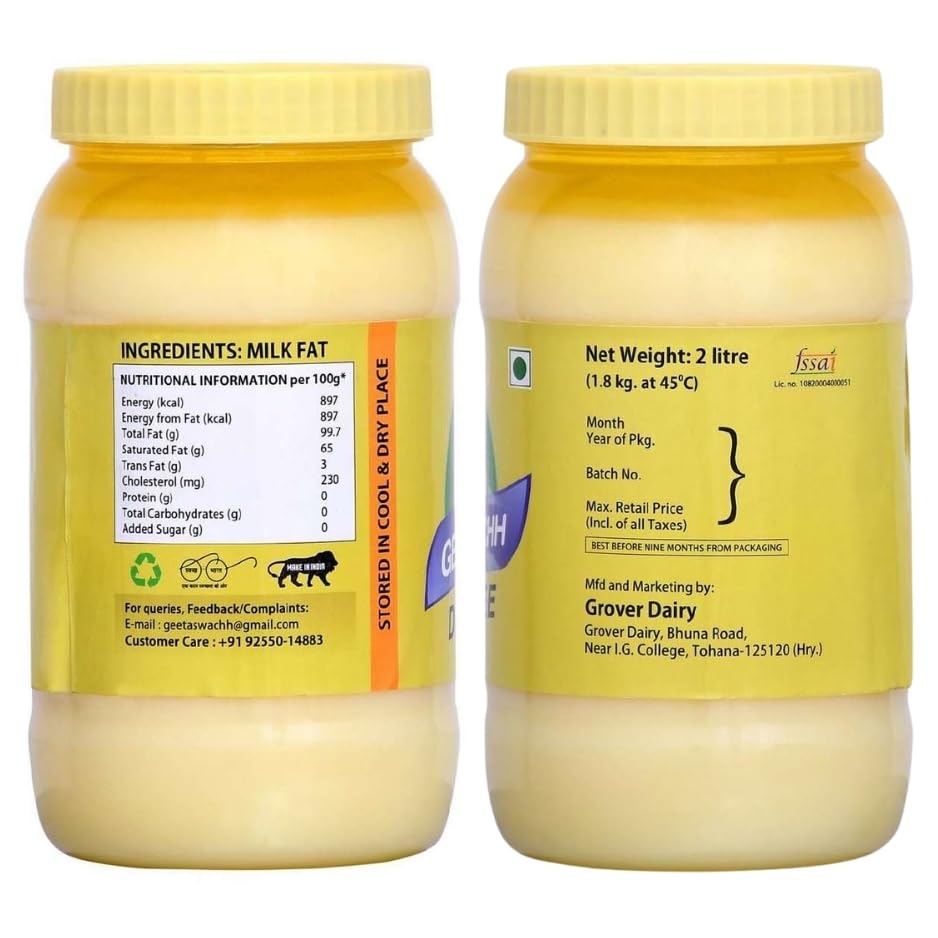 Organic Buffalo Desi Ghee By Geeta Swachh | Natural & Healthy Curd-Churned Desi Ghee Good For Desserts | (2 Litre) 67.6 Ounce | Jar Pack