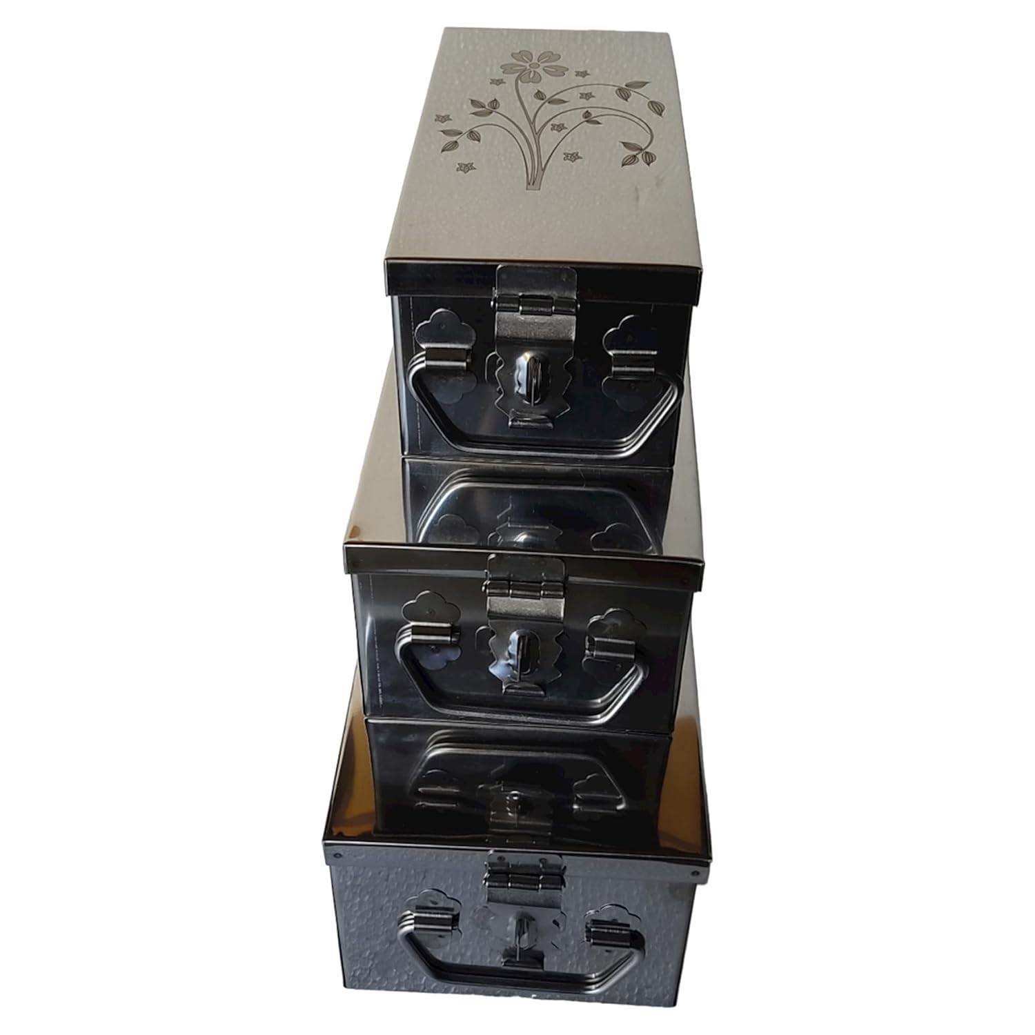 Stainless Steel Locker Boxes Jewellery Boxes Cash Peti Set Multi Pack Of 3 Size - 8 Inch, 10 Inch, 12 Inch, With Laser Printed Design - Silver, Control Type - Key Control
