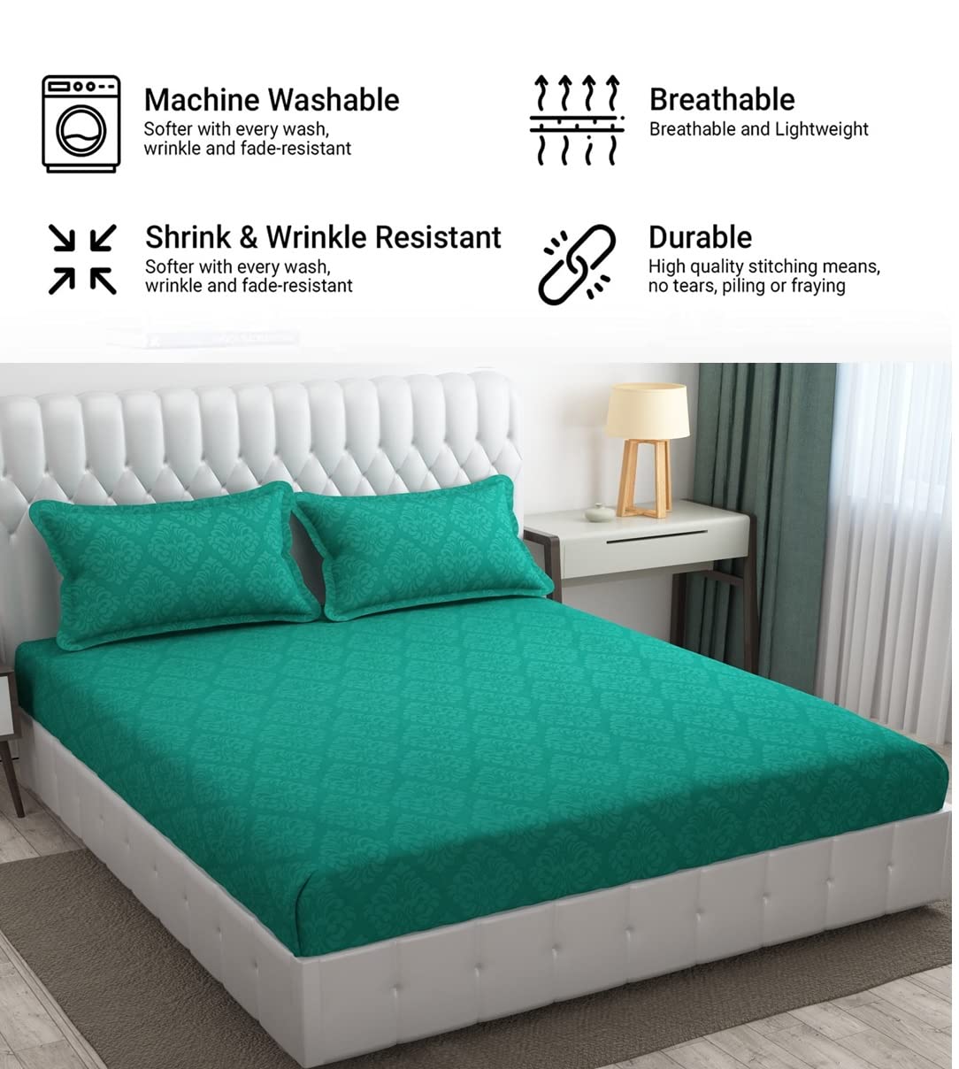 144 TC Rotary Printed King Size Bedsheet With 2 Pillow Covers - 90 X 95 Inches | Sea Green, Damas Design Bedsheet | Machine Washable & Wrinkle Resistant