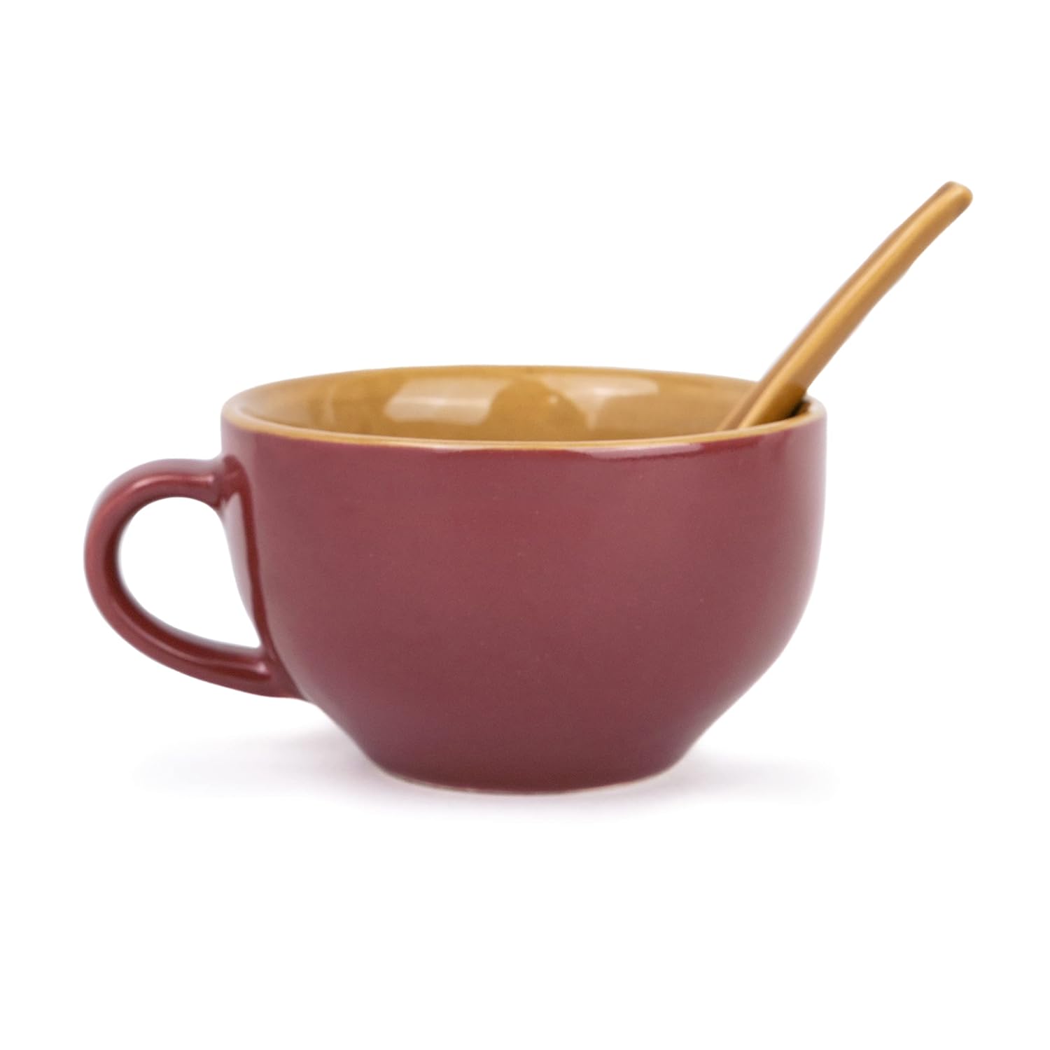 Ceramic Soup Bowl Set With Spoon Set Of 2 - Burgundy Brown, 350ml Each | Soup Mug - Soup Cup | 2 Soup Bowls + 2 Soup Spoons | Glossy Finish Ceramic Soup Bowls - Microwave Safe Soup Cup Set