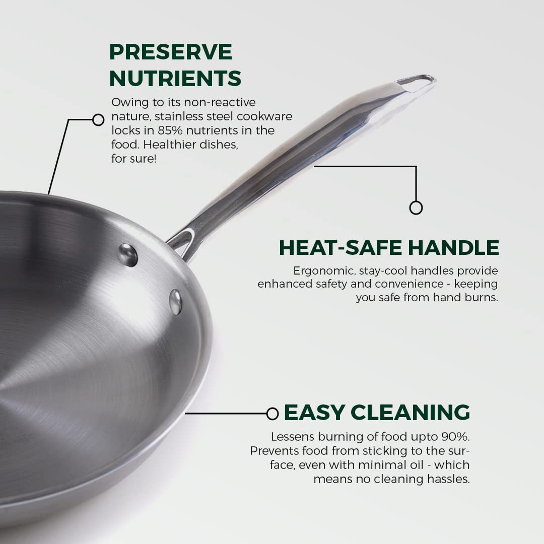 Triply Stainless Steel Fry Pan With Handle - Small, 22cm, 8.7 Inch, 1.5 Liters, 0.9 Kg | Induction Friendly, Nonstick 3-Layer Body, 100% Pure & Toxin-Free, No Chemical Coating