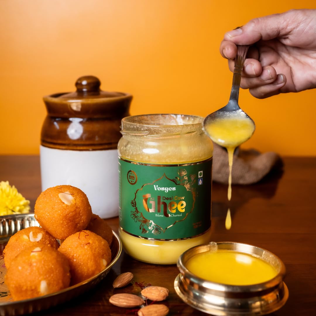 100% Natural A2 Gir Cow Desi Ghee By Vosges | Bilona Method Curd-Churned Pure A2 Desi Ghee For Authentic Taste | (500ml) 16.9 Ounce | Jar Pack
