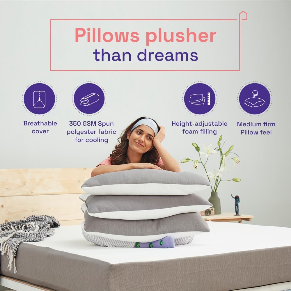 Adjustable Hollow Fiber Sleeping Pillow With Zip, White & Grey, Standard Size, Set Of 1 | Microfiber, Bed Pillow, Fluffy & Medium Firm, For Back, Side & Stomach Sleepers