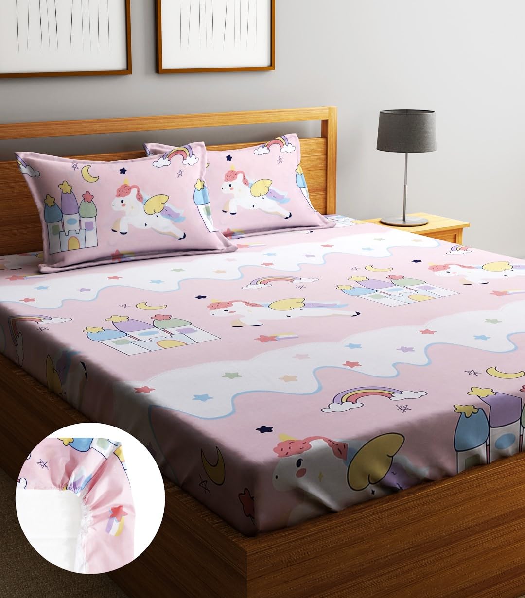 Microfiber Kids Unicorn Elastic Fitted Double Bedsheet With 2 Pillow Covers | 78 X 72 Inches, Baby Pink | Normal Hand Wash Or Machine Wash