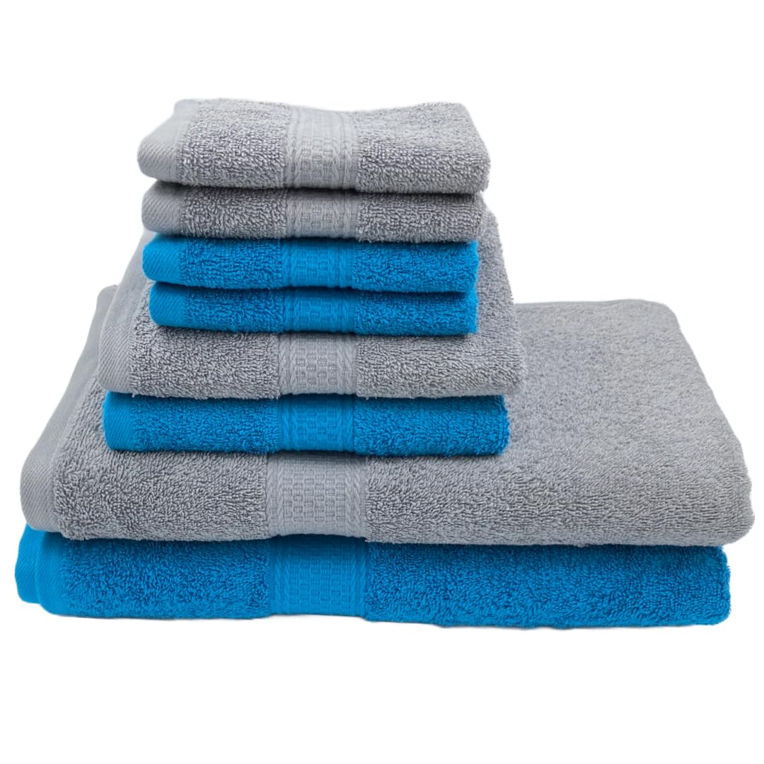 Patpug 100% Indian Cotton Plush Towel Set 2000 Gsm | Highly Absorbent, Fade Resistant, Quick Drying 2 Bath, 2 Hand & 4 Face Towel (Turquoise Blue & Silver Grey) - 8 Piece