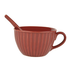 Studio Pottery Hand Glazed Ceramic Soup Cup With Spoon Set Of 4 - 300ml Each, Cherry Red | Cereal Cups - Maggi Serving Bowls