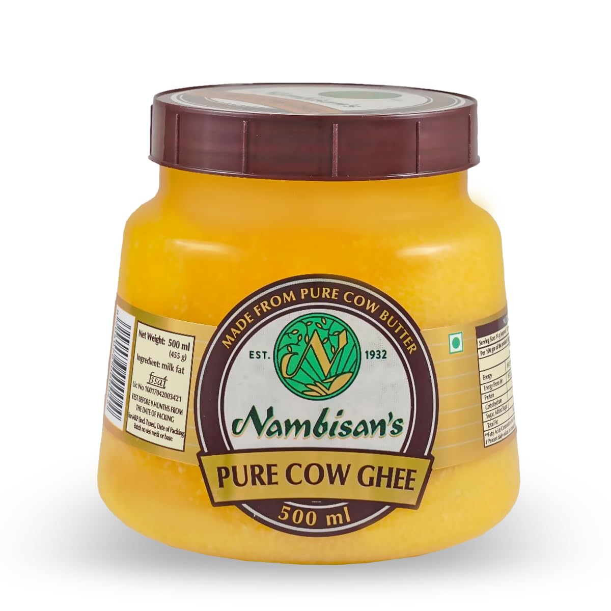 100% Pure Cow Ghee By Nambisan'S | Rich In Protein Fiber & Delicious Healthy Desi Cow Ghee For Sweets | (500ml) 16.9 Ounce | Jar Pack