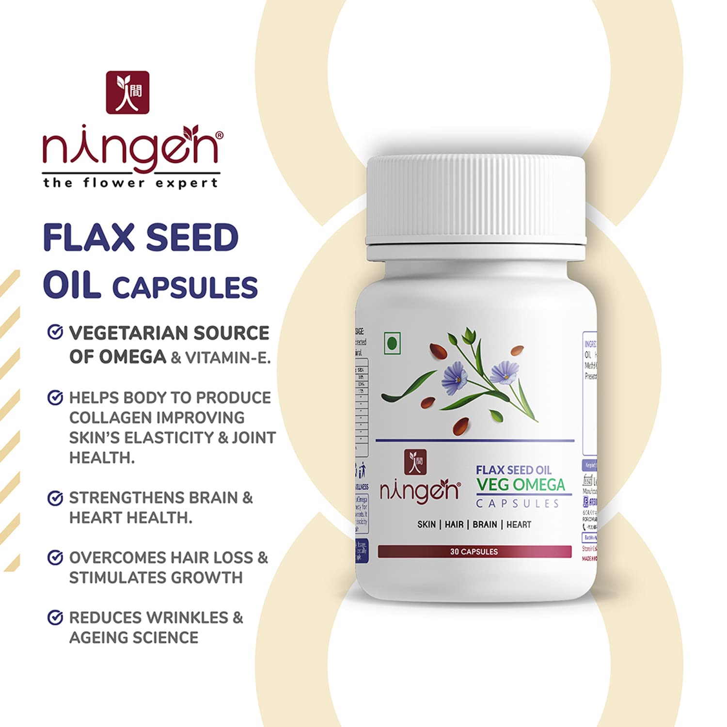 Ningen Flax Seed Oil Capsules, 500mg, Hypromellose Oral Capsules, White 100% Vegetarian Source Of Omega Supports Digestion, Skin & Hair, Cardiovascular Health | 30 Capsules 50gm 0.1lbs