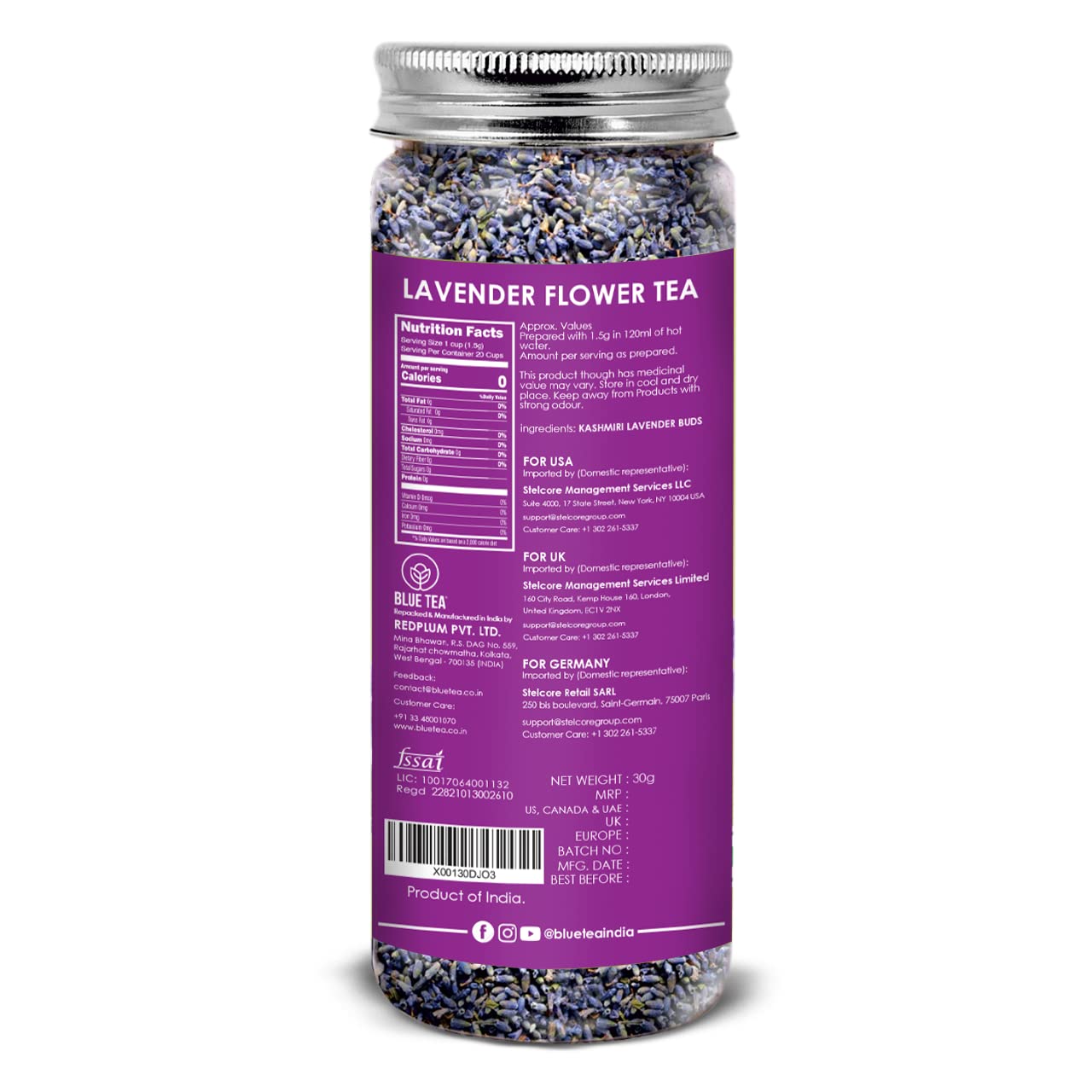 Blue Tea Lavender Flower Herbal Tea - 30gm Pet Jar, 1.05 Ounce, 30 Cups | Flower Based Calming Tea - Caffeine Free, Food Grade, Non-GMO | No Added Colors, No Preservatives